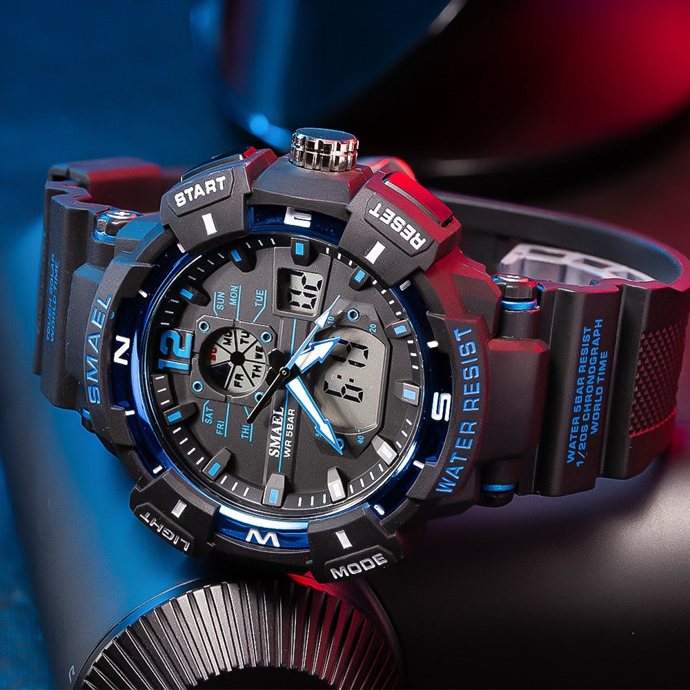 SMAEL Top Luxury Brand Men's Watch Outdoor Sports Waterproof  Watches Dual Display Quartz Rubber Digital Clock Relogio Masculino