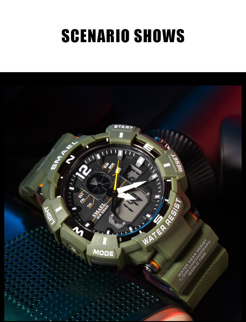 SMAEL Top Luxury Brand Men's Watch Outdoor Sports Waterproof  Watches Dual Display Quartz Rubber Digital Clock Relogio Masculino