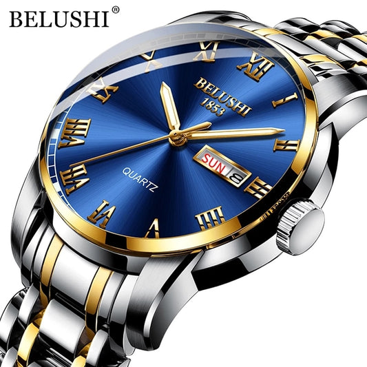BELUSHI Top Brand Luxury Mens Watches Luminous Waterproof Stainless Quartz Business Wristwatch